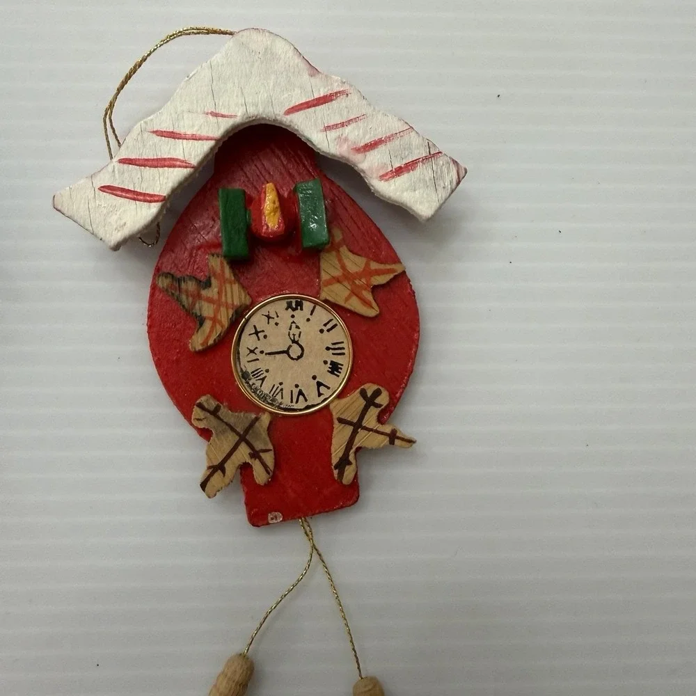 Vintage Wooden Cuckoo Clock Christmas Ornaments Lot Of 2 Hand Painted